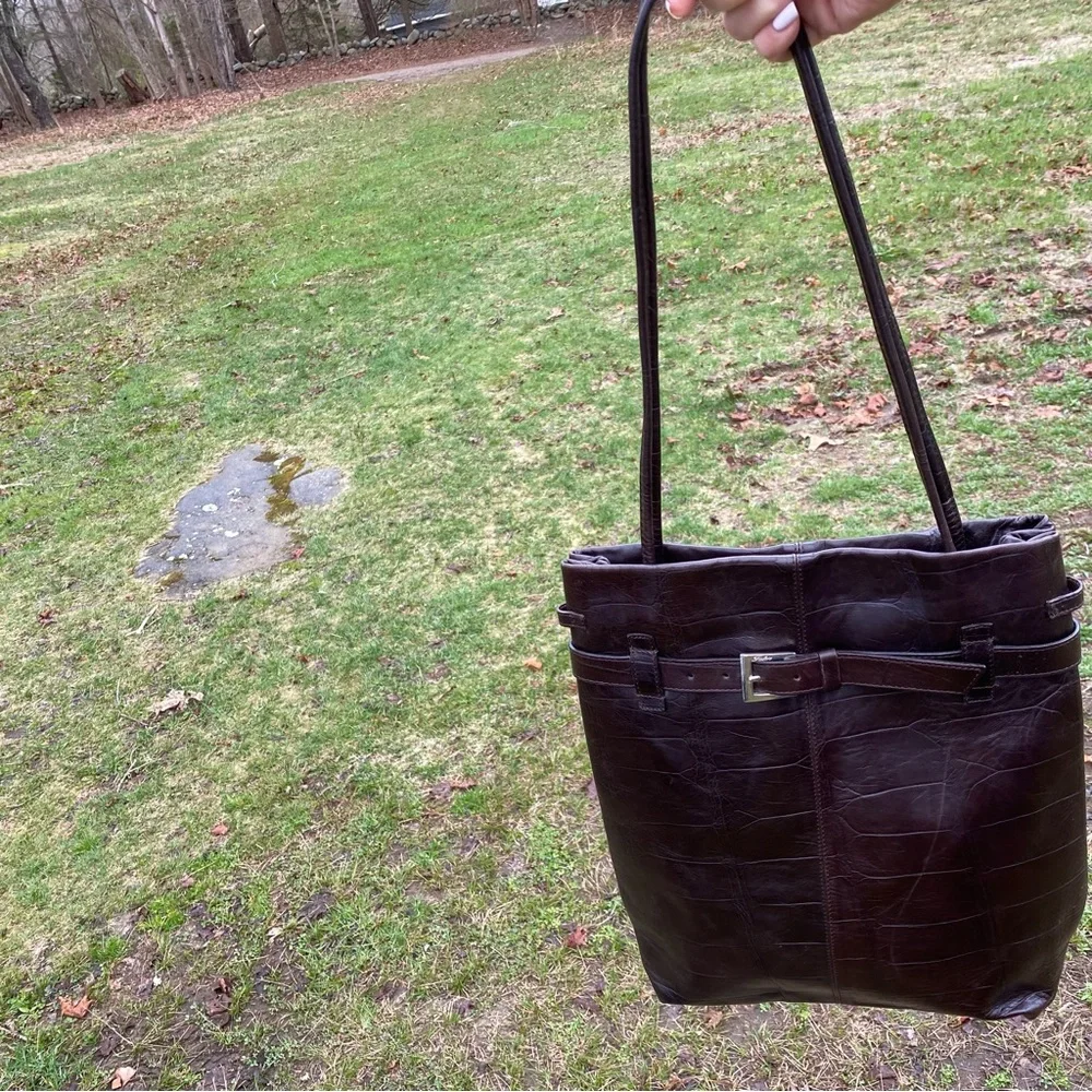 FALOR ITALY SHOULDER BAG TOTE BROWN LEATHER CROCO LOOK 2 STRAP SNAP CLOSE